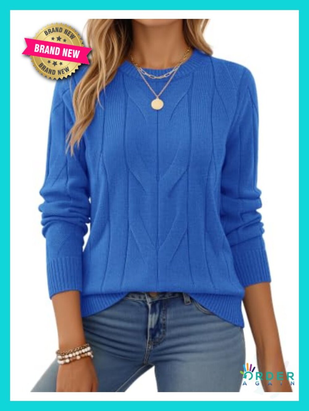 Women's Long Sleeve Cable Knit Crewneck Sweater Pullover Fall Tops